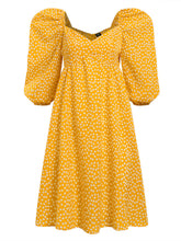 Women Puff Sleeve Thigh Pleating Puff Sleeve Length Floral Midi Dresses